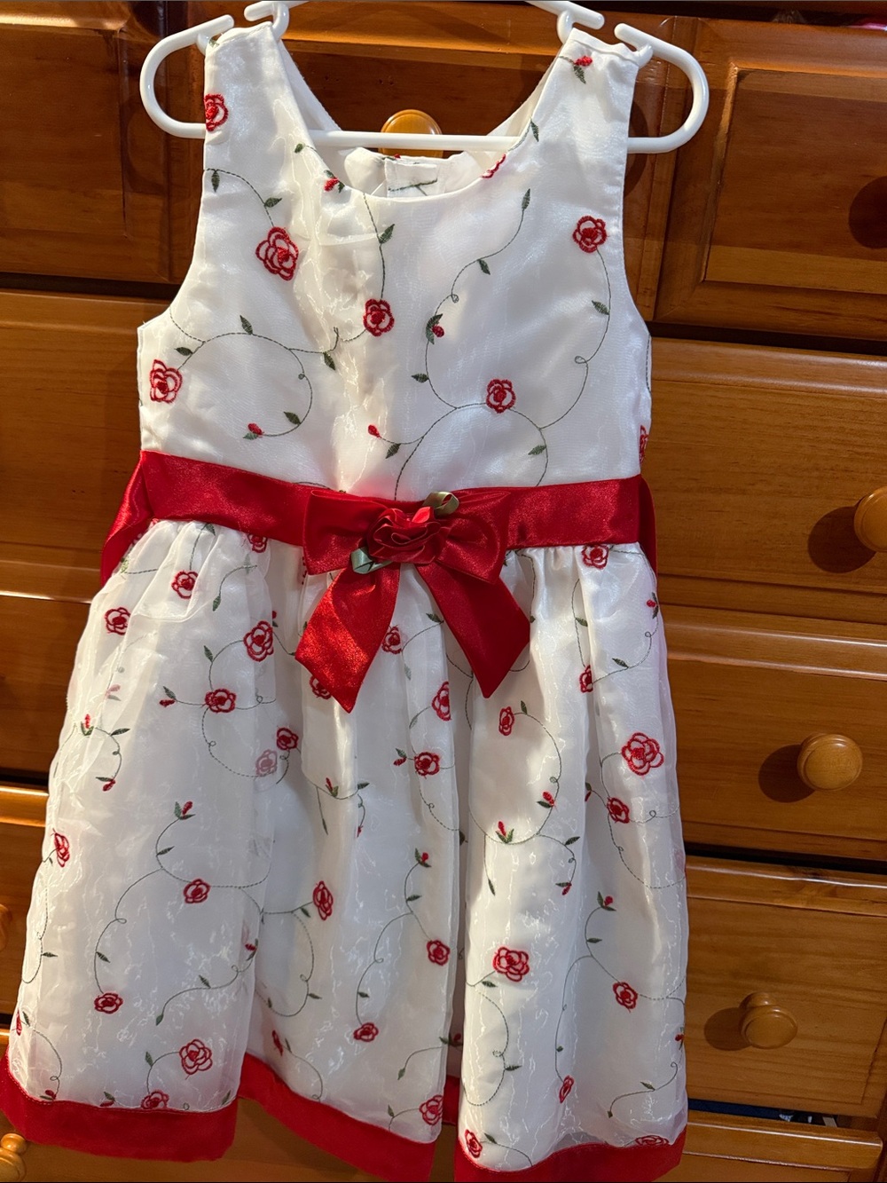 White and Red Floral Girl's Party Dress with Satin Bow
